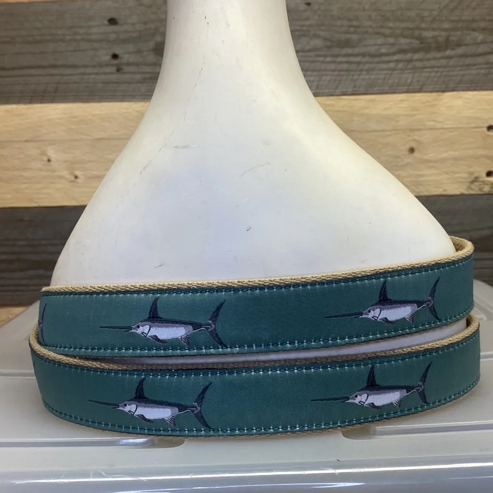 Man made leather belt embroidered fishing sailing canvass EUC 46 yacht core
